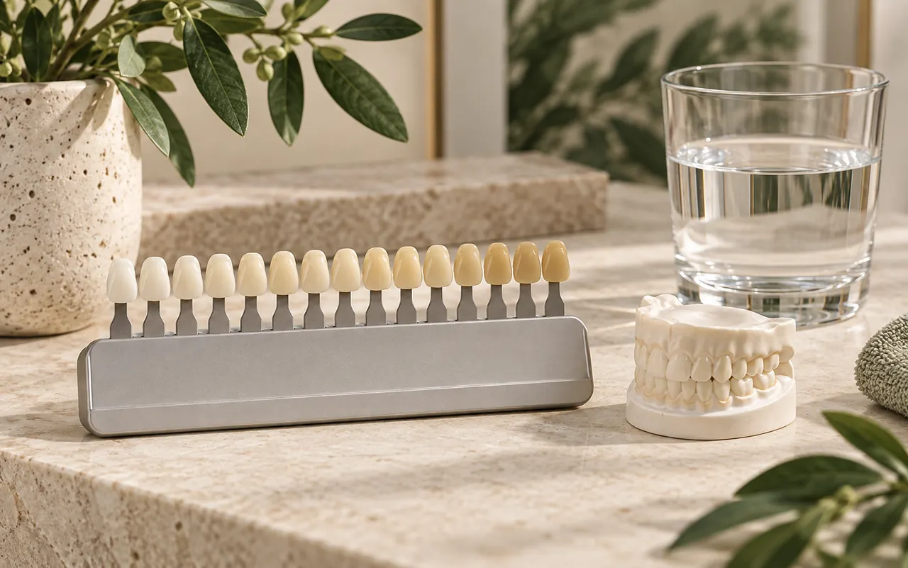 Escala ilustrativa de tons dentários e modelo didático.